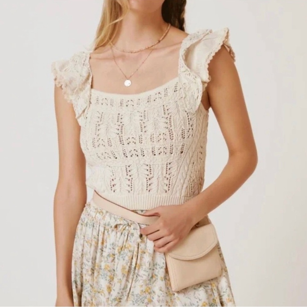 Anthropologie Cream Crochet‎ Lace Ruffle Tank Crop Top Size S